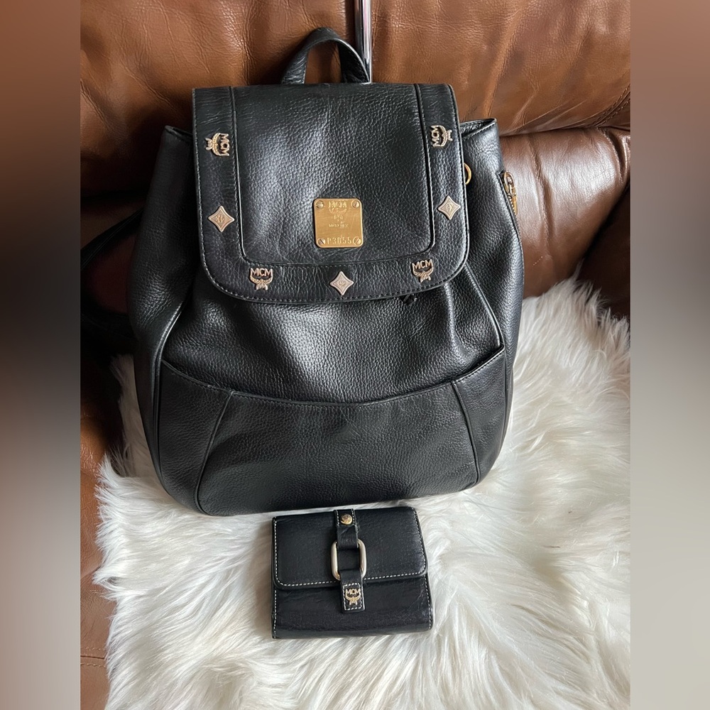 MCM Germany Black Leather Backpack and wallet set